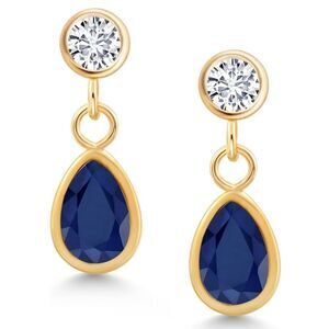 14K Yellow Gold with 1.00Cttw Navy Blue Sapphire and White Diamond Post Earrings
